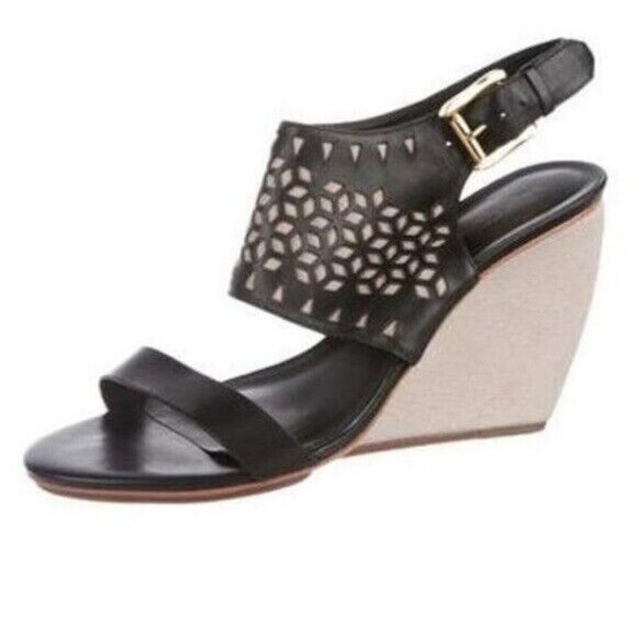 Rebecca Minkoff  Black Leather Laser Cut Wedge Sandal - Picture 1 of 1
